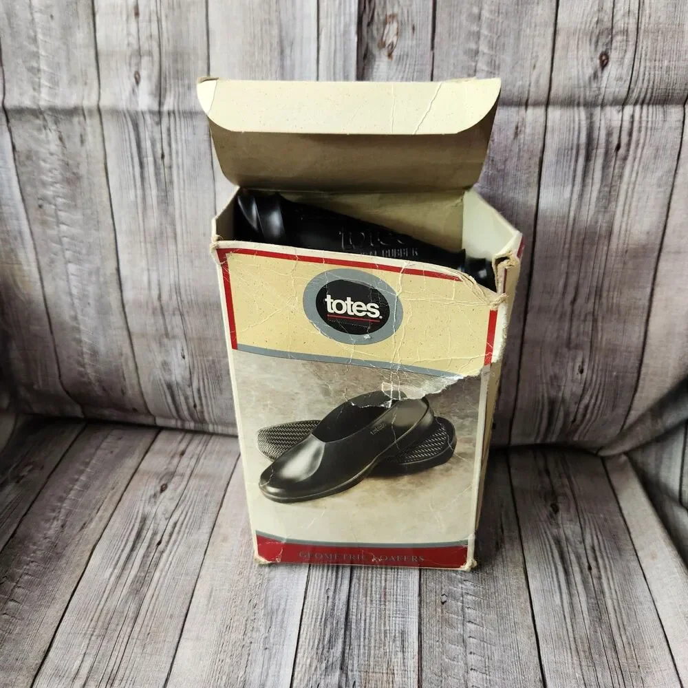 Totes Mens Rubber Loafer Rain Covers Overshoe Black Geometric Medium 8.5-9.5 NIB